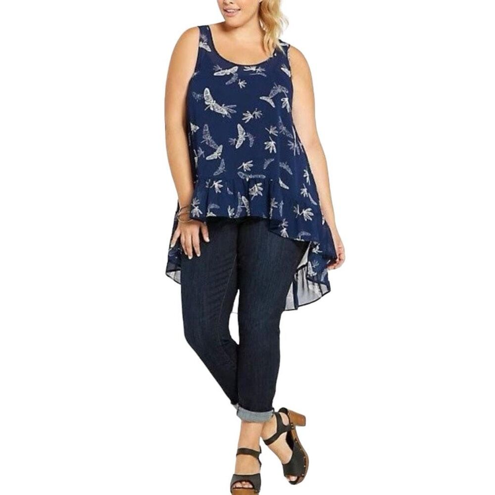 Torrid Plus Size 3X Tank Top Navy Blue Dragonfly Print Ruffle High‎ Low 1562 - Picture 10 of 10